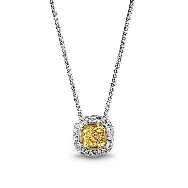 1.5 Carats Cushion Yellow Diamond Necklace Pendant White Gold 14K