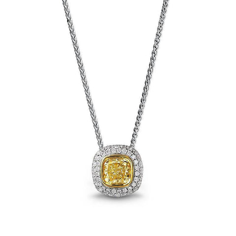 1.5 Carats Cushion Yellow Diamond Necklace Pendant White Gold 14K