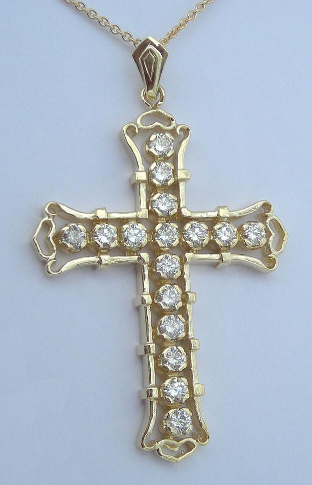 Cross Pendant Chain Necklace Diamonds 4 Carats G Vs1 Yellow Gold