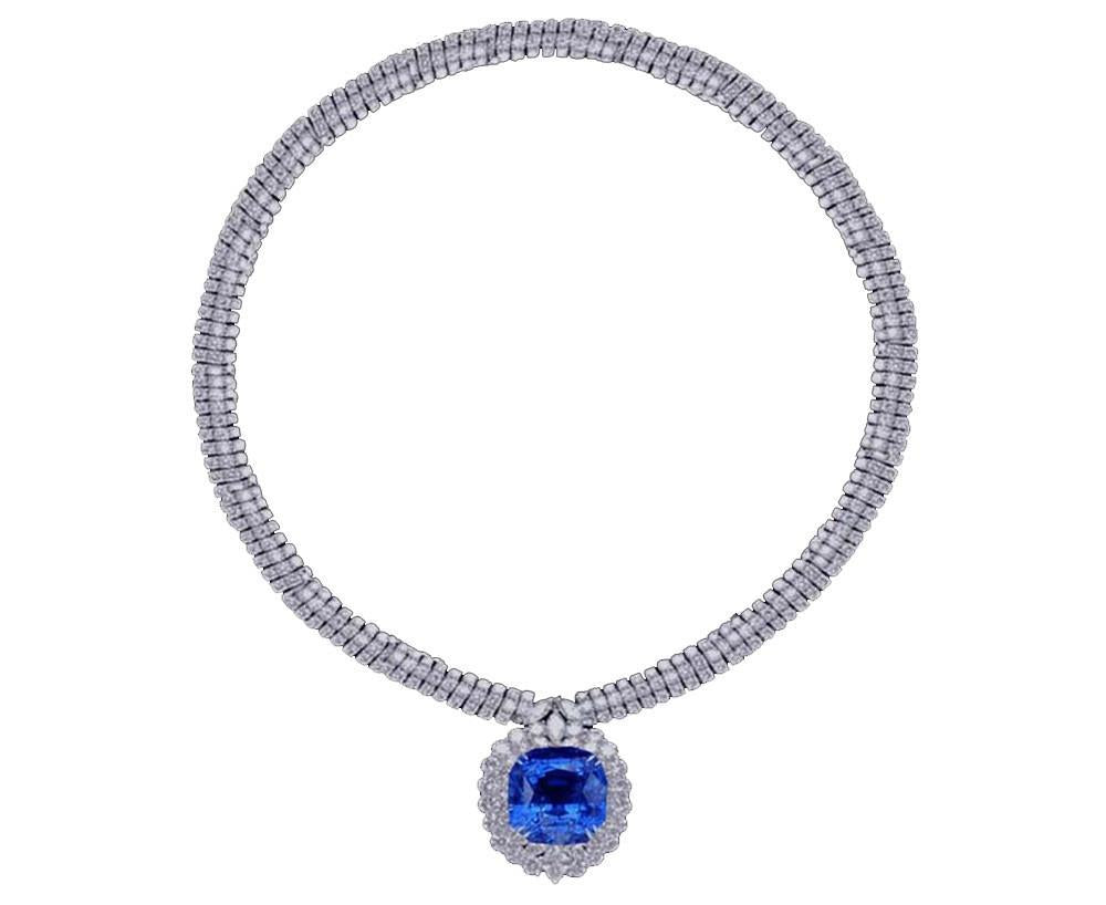 Gorgeous 88.67 Carats Blue Sapphire & White Diamonds Platinum Necklace Pendant
