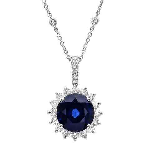 Blue Sapphire & Diamonds Pendant Necklace 14K White Gold