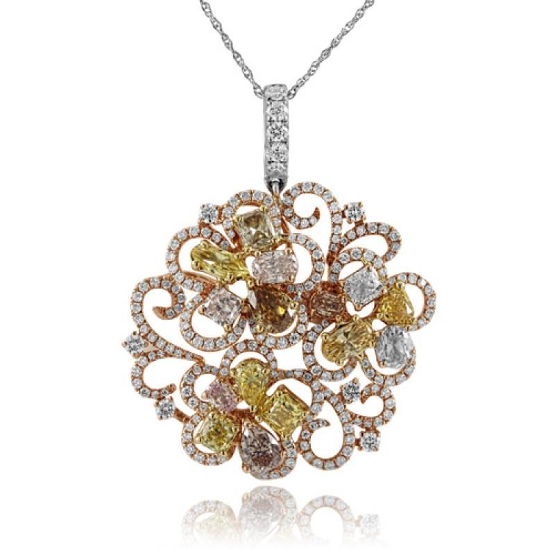 4.04 Carats Multi Color Diamonds Pendant Necklace 18K White Gold