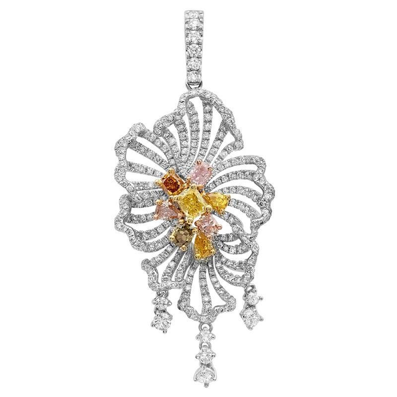 Pendant Necklace 3.13 Carats Multi Color Diamonds Gold White