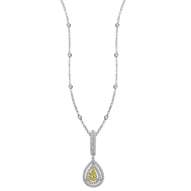 1.50 Carats Pear Yellow Diamond Women Necklace Pendant Two Tone Gold 14K