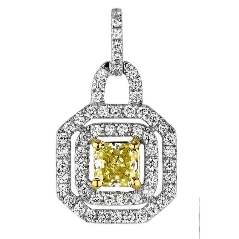 Radiant Cut Yellow Diamond Lady Pendant Two Tone Gold 0.98 Carats