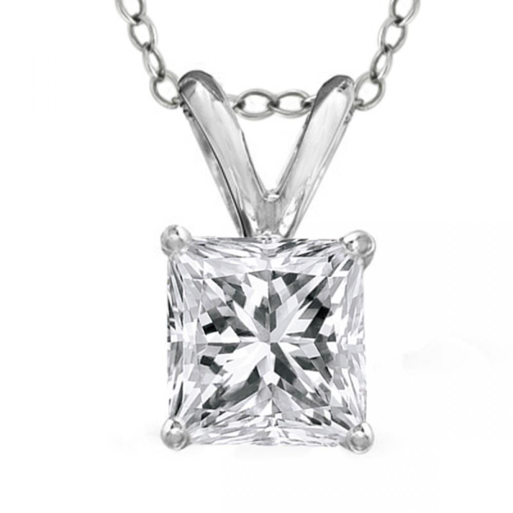 Prong Set Solitaire Diamond Necklace Pendant Princess  Cut 2.00 Carats White Gold 14K