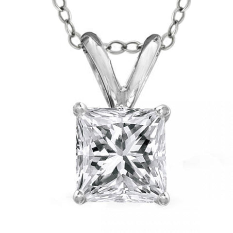 Prong Set Solitaire Diamond Necklace Pendant Princess  Cut 2.00 Carats White Gold 14K