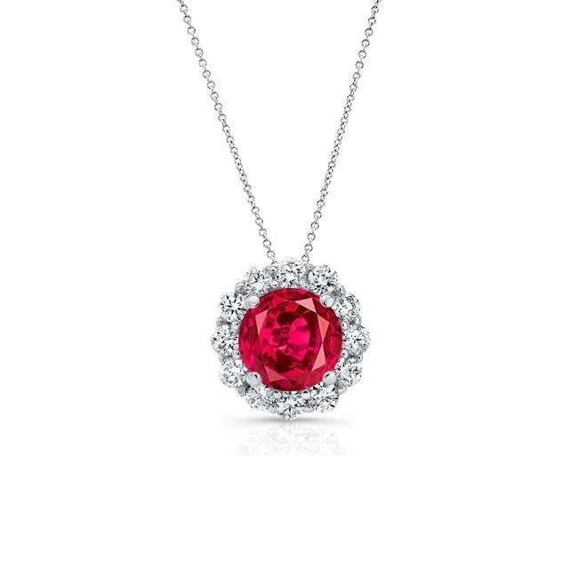 Round Cut Red Ruby With Halo Diamond Necklace Pendant White Gold 14K