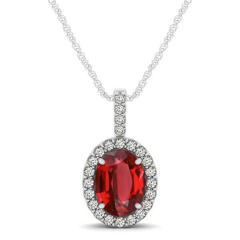 Pendant Necklace Red Ruby With White Diamonds 4.50 Carats White Gold 14K