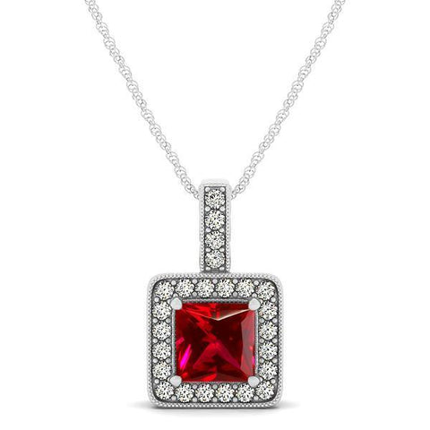 Princess Cut Ruby With Round Diamonds 2.60 Ct. Pendant Necklace Gold 14K