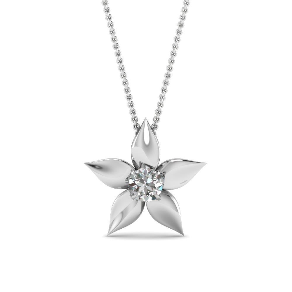Flower Style Pendant Necklace 0.75 Carat Solitaire Diamond Gold White 14K