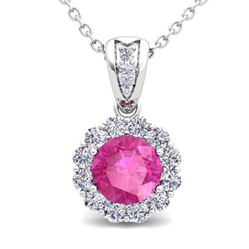 Pink Round Cut Sapphire With Diamond Women Necklace Pendant White Gold 14K