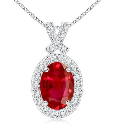 3.80 Carats Oval And Round Ruby With Diamonds Pendant Gold White 14K