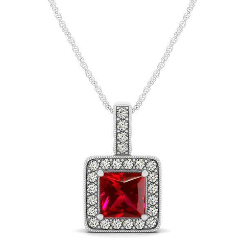 Red Aaa Ruby With Diamonds 2.60 Carats Pendant Necklace 14K Gold White
