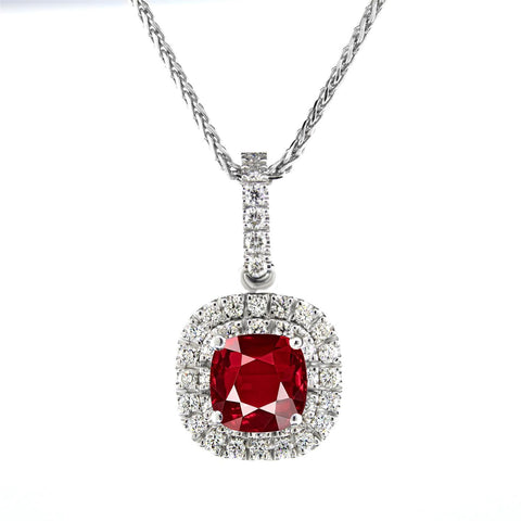 Pendant Necklace With Chain White Gold 4.00 Carats Ruby With Diamonds
