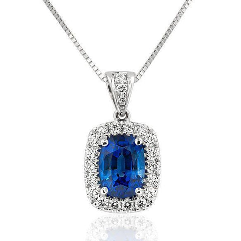 Cushion Shaped Blue Sapphire And Diamond Lady Necklace Pendant Gold 14K