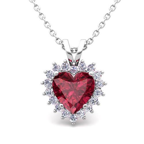 14K White Gold Pendant Necklace 5.50 Carats Red Ruby With Diamonds New