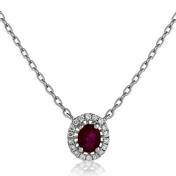 3.00 Carats Oval Ruby With Round Diamonds Pendant Necklace Gold White 14K