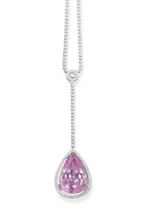 Diamond Necklace16 Ct Pink Pear Cut Kunzite Pendant Gold Jewelry