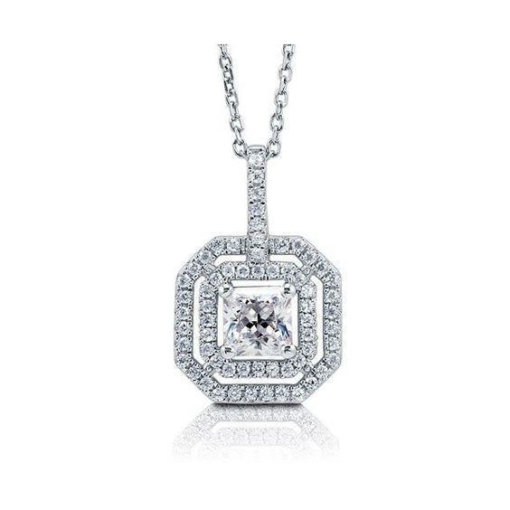 Necklace Pendant Round &Princess Cut Diamond Solid White Gold 14K Jewelry