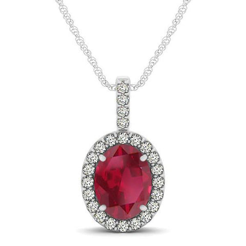 White Gold  Oval & Round Cut 9.10 Ct Ruby With Diamond Pendant Necklace