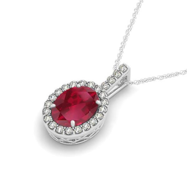 Gold White 6.90 Ct Prong Set Red Ruby & Diamonds Pendant Necklace