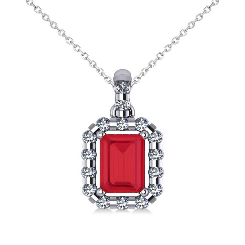Pendant Necklace 14K Emerald Cut Ruby With Round Diamonds 5.60 Ct