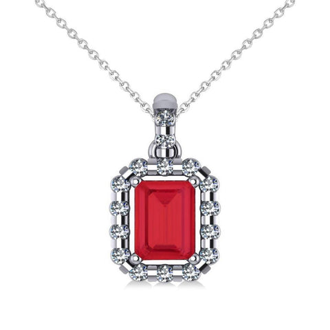 Pendant Necklace 14K Emerald Cut Ruby With Round Diamonds 5.60 Ct