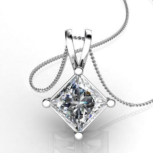Lady White Gold 14K Princess Cut 2.50 Carats Sparkling Diamond Pendant Necklace