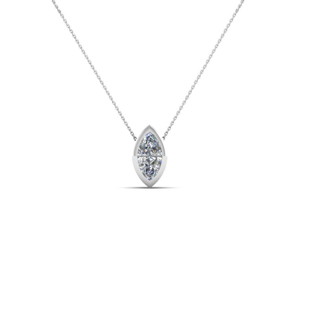 Women White Gold 14K Marquise Cut Bezel Setting Solitaire Diamond Pendant Necklace