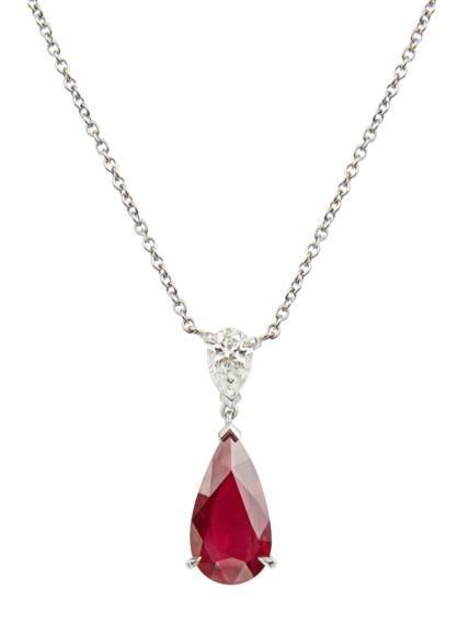 White 14K  3.50 Ct Pear Cut Red Ruby Diamond Pendant Necklace Gold