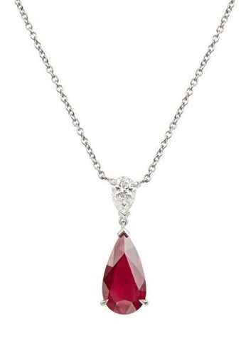 White 14K  3.50 Ct Pear Cut Red Ruby Diamond Pendant Necklace Gold