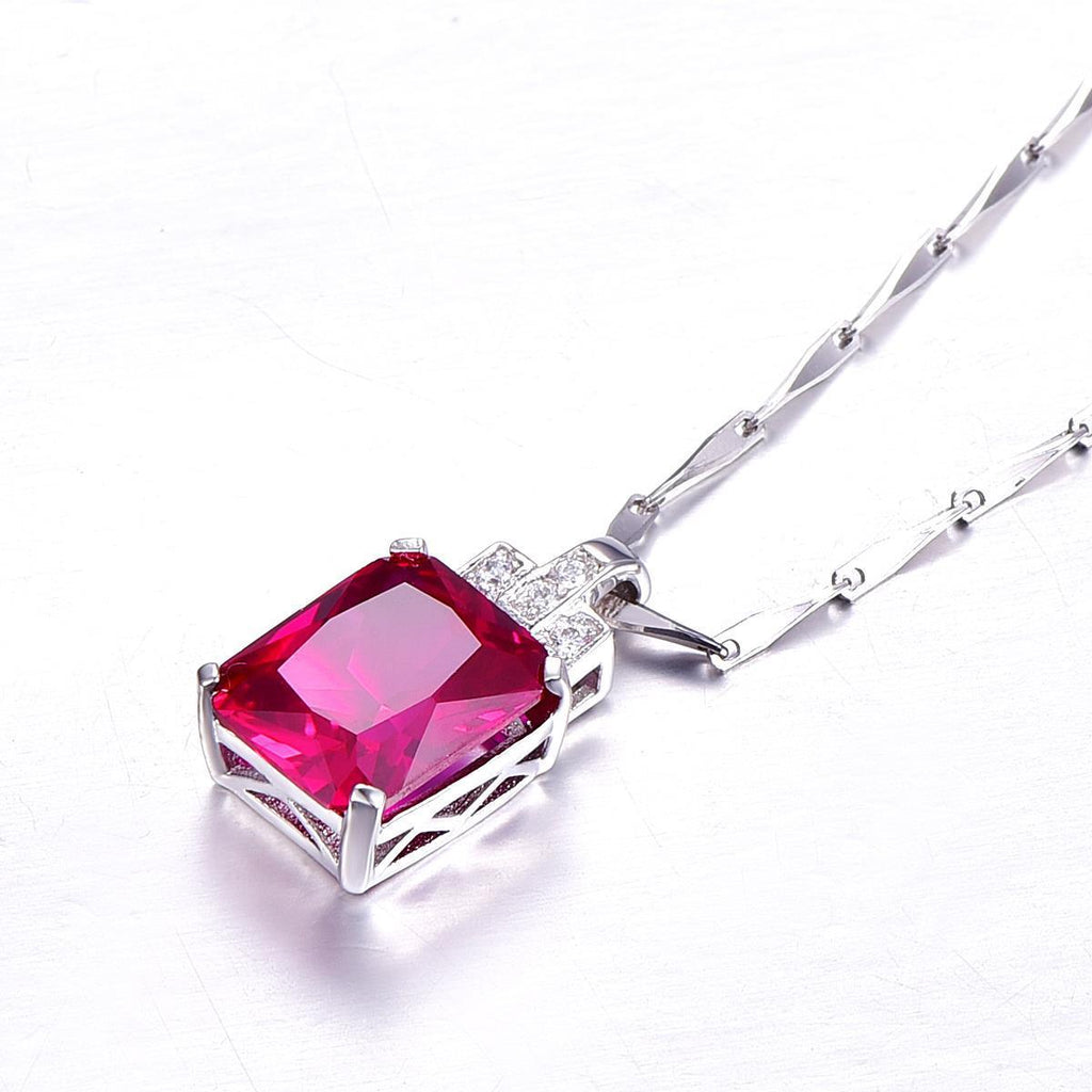 14K White Gold 7.70 Ct Prong Set Ruby And Diamonds Pendant Necklace