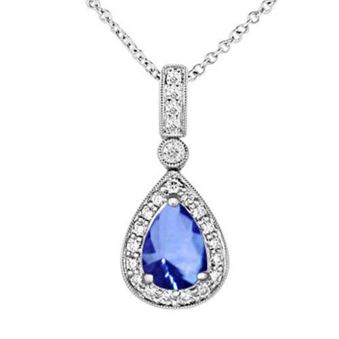 Pear Tanzanite & Diamonds Pendant Necklace New 18K White Gold Jewelry