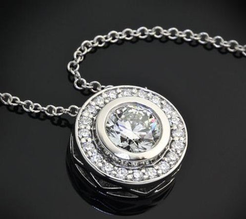 Bezel Set 4.00 Carats Round Cut Diamonds Pendant Necklace Gold White 14K
