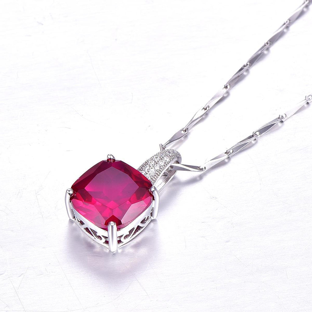 14K Pendant Necklace 6.75 Ct. Ruby And Diamonds White Gold