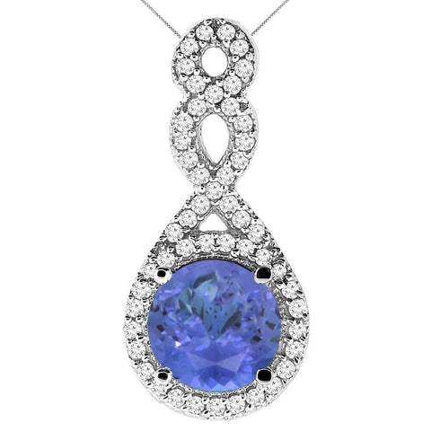 White Gold 14K Round Shaped 4.25 Carats Tanzanite And Diamonds Pendant Necklace
