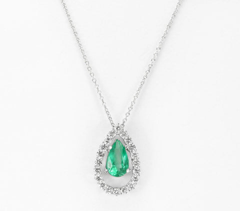 Pendant Necklace Gold 14K Prong Set Emerald And Diamonds 4.25 Carats