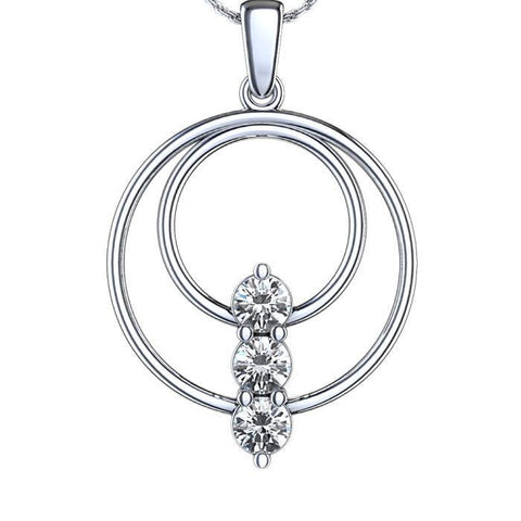 14K White Gold 1.20 Ct Diamonds Circle Three Stone Pendant Necklace