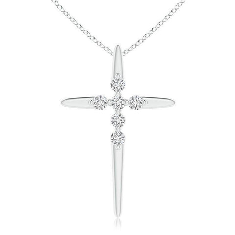 White Solid Gold 14K Women Jewelry Prong Setting Round Shaped Diamond Cross Pendant Necklace
