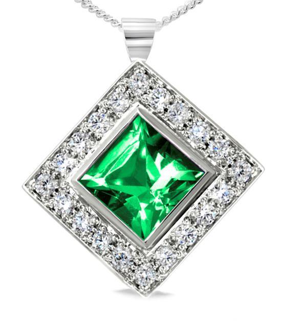 7.75 Carats Pendant Necklace 14K Bezel Set Emerald With Diamonds