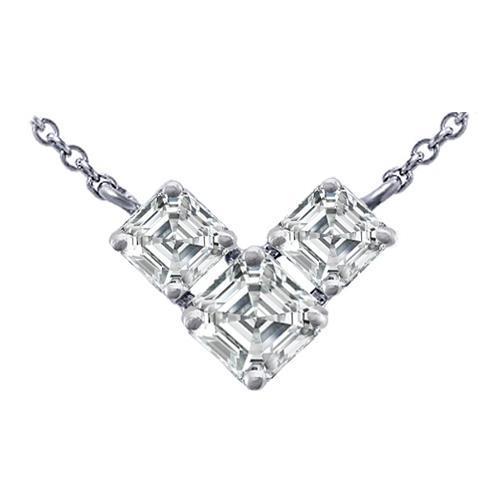 Lady White Gold 14K Three Stone Asscher 2.00 Carats Diamond Pendant Necklace