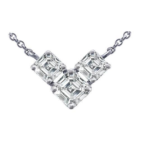 Lady White Gold 14K Three Stone Asscher 2.00 Carats Diamond Pendant Necklace