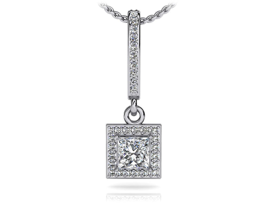 Pendant Necklace Diamonds Princess And Round Cut Sparkling White Gold 14K Jewelry