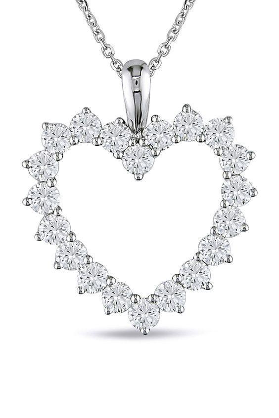 Round Prong Set Diamond Heart Pendant White Gold 14K 5 Carats