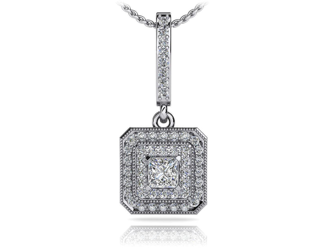 Pendant Necklace Diamonds Princess And Round Cut White Gold 14K Jewelry