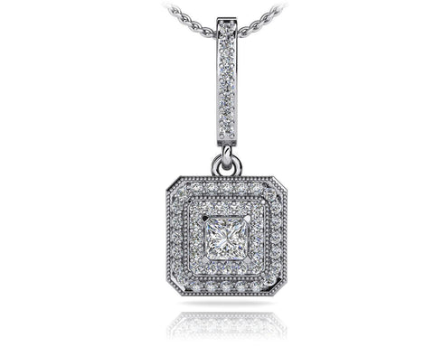 Pendant Necklace Diamonds Princess And Round Cut White Gold 14K Jewelry