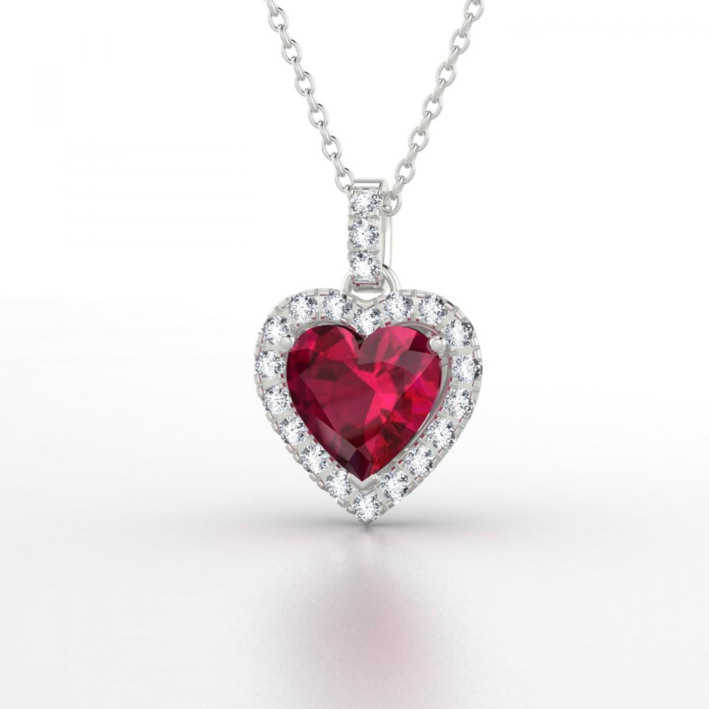 5.50 Ct. Ruby And Diamonds Wg 14K Heart Shape Pendant Necklace