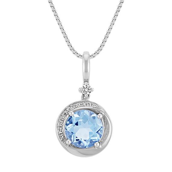 Round Cut Prong Set Aquamarine With Diamonds Pendant White Gold 14K 10 Ct