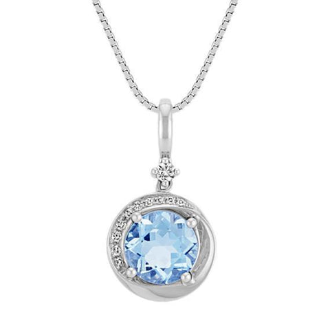 Round Cut Prong Set Aquamarine With Diamonds Pendant White Gold 14K 10 Ct